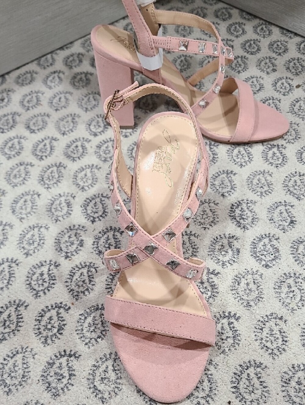 Jewel Badgley Mischka Pink Crystal-Strap Block Heel Sandals 4" Heel